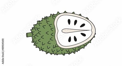 Illustration of a green soursop fruit cut in half showing seeds.