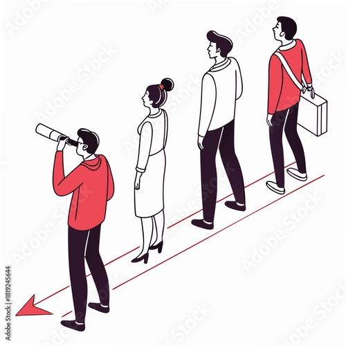 Diverse group of people in a line looking forward with one person using a telescope to see the future