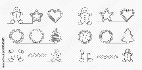 Continuous line drawing of various Christmas cookie shapes including gingerbread men, stars, hearts, and trees.