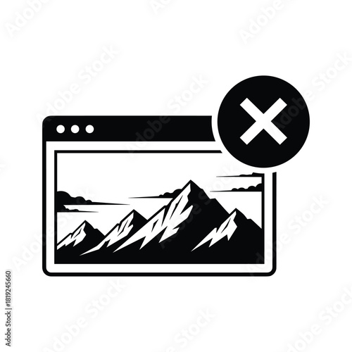 Black and white icon of a window with mountains and a cancel symbol close