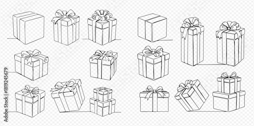A collection of continuous line art drawings depicting various gift boxes with ribbons and bows.
