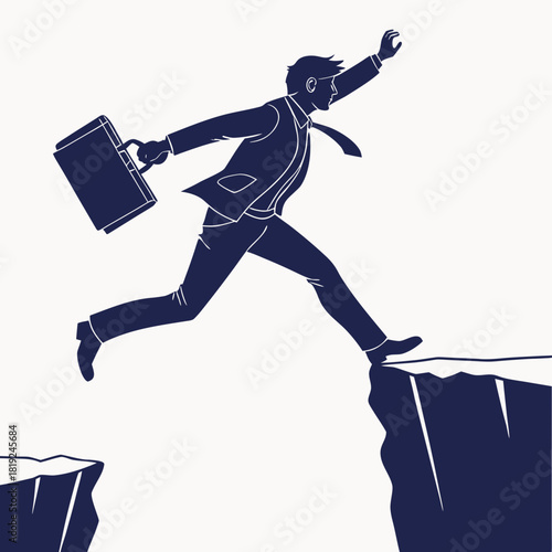 Silhouette of a determined businessman in a suit leaping across a chasm with a briefcase in hand