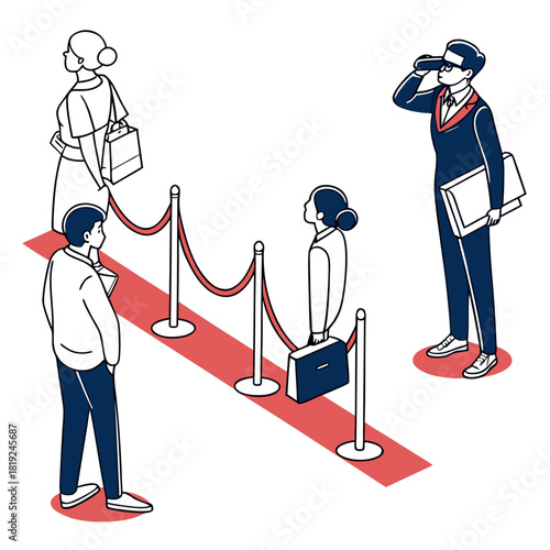 People waiting in line on a red carpet with velvet ropes and a security guard looking through binoculars