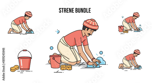 Man Cleaning Floor with Sponge and Bucket Illustration.