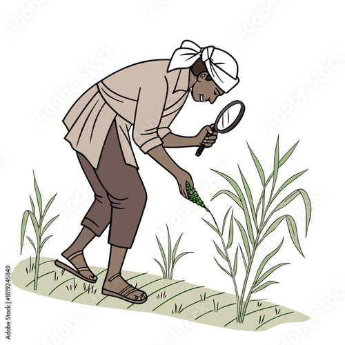 Farmer examining crops with a magnifying glass in a field symbolizing agricultural research and development