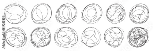 Abstract messy scribble circle. Oval highlight by pen, marker, brush, crayon, pencil. Hand drawn scribble. Circular doodle sketch scribbles round. Doodle Swirl Circle Set Line Art Collection