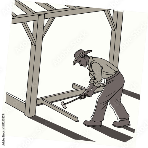 Man wearing a hat hammering wooden beams to construct a building frame outdoors