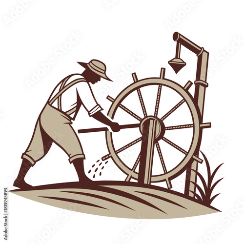 Farmer operating a water wheel to irrigate crops in a stylized agricultural landscape illustration