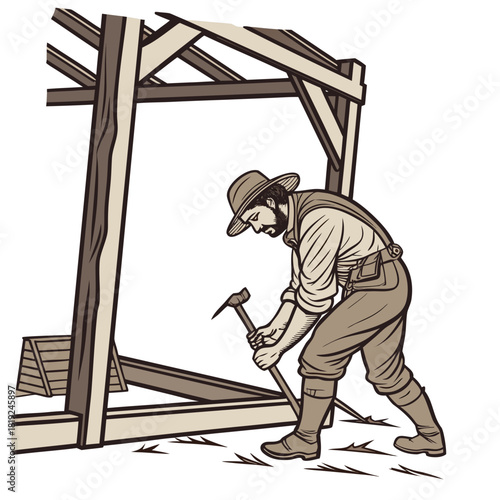 A rugged frontiersman wearing a hat and overalls hammers nails into a wooden structure during construction