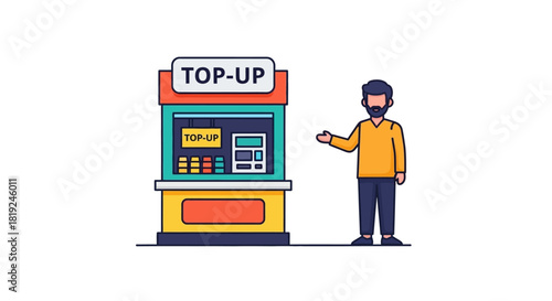 Man standing next to a top-up kiosk selling mobile credit.