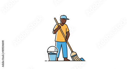 Man Sweeping Floor with Broom and Bucket Cleaning Service.