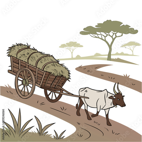 Ox pulling a loaded hay cart down a dusty path through a stylized african savanna landscape