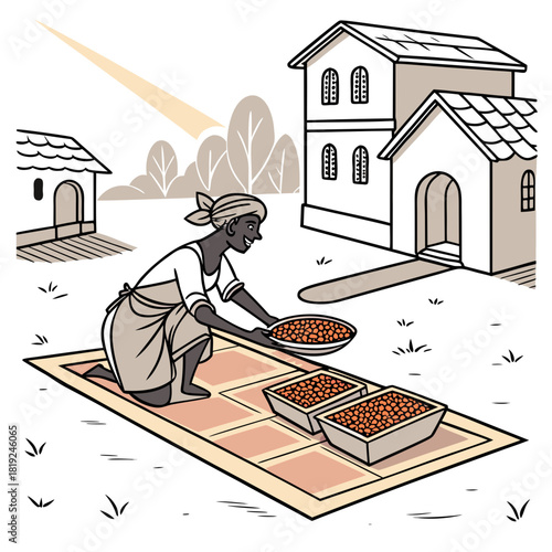 A woman in traditional clothing kneels on a mat drying beans in the sun outside her home