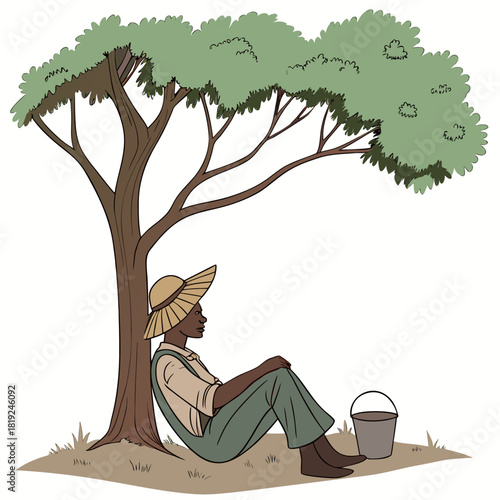 A person wearing a straw hat and overalls rests under a tree with a bucket nearby