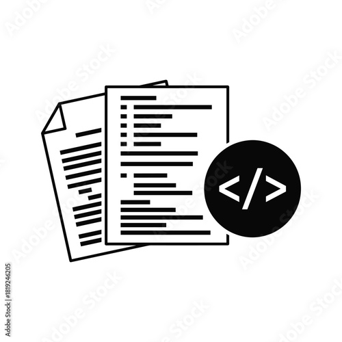 Black and white icon of code symbols and documents coding programming