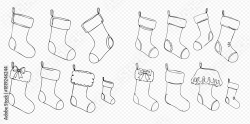 Outline drawings of various Christmas stockings in different styles and sizes, perfect for holiday designs and festive decorations.