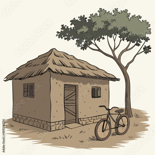Traditional thatched roof hut with a bicycle parked outside under a large tree