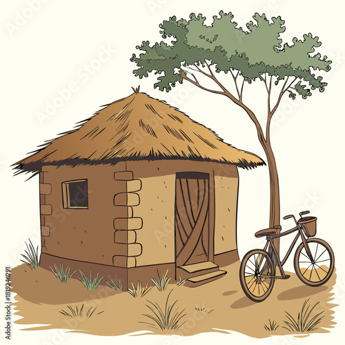 A rustic thatched roof mud hut stands under a large tree with a bicycle parked nearby