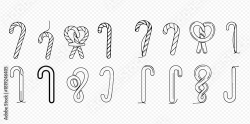Collection of hand-drawn outline candy canes and pretzel shapes, featuring various styles and designs in a minimalist line art illustration.