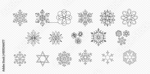Elegant assortment of outlined snowflakes, star, and floral motifs on a transparent background, featuring various intricate geometric patterns.
