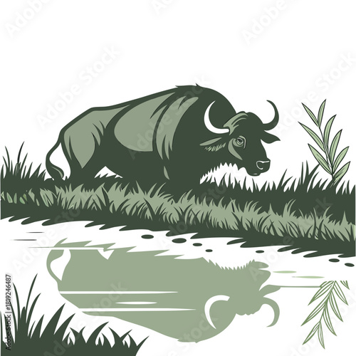 A powerful water buffalo stands in tall grass beside a calm body of water reflecting its silhouette