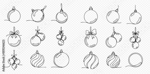 Continuous line art set of various Christmas tree ornaments and baubles, perfect for holiday designs and festive decorations.