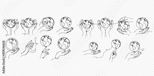 Continuous line art illustrations of hands holding and interacting with the Earth globe, symbolizing global care and connection.