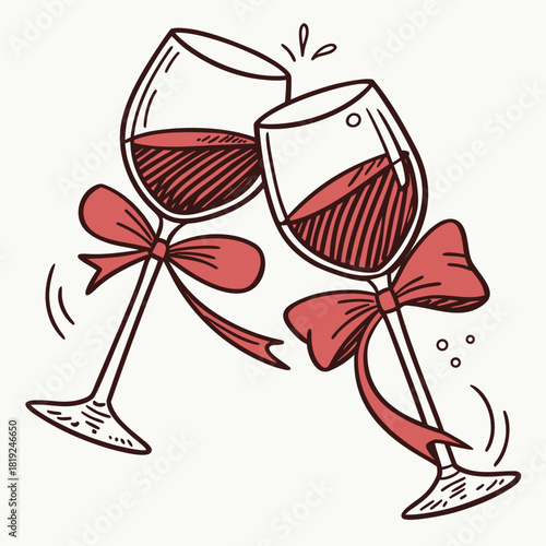 Hand-drawn wine glasses clinking with red bows tied around the stems.