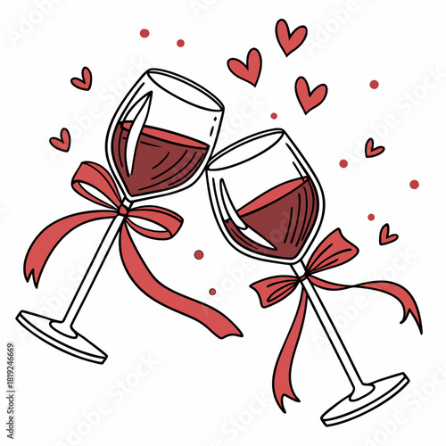 Hand-drawn wine glasses clinking with red bows tied around the stems.