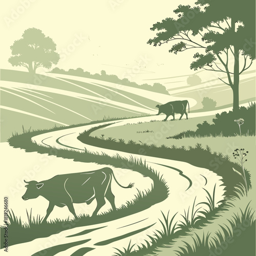 Two cows walking on a winding dirt road through rolling green hills and trees under a pale sky