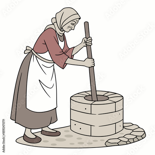 Elderly woman in traditional clothing stirring ingredients in a stone mortar with a wooden pestle
