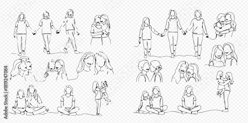 Continuous line art illustrations depicting various interactions and relationships among women and girls, showcasing friendship, family bonds, and companionship.