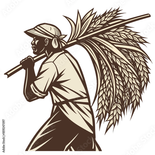 Farmer carrying a large bundle of wheat stalks over his shoulder in a stylized illustration