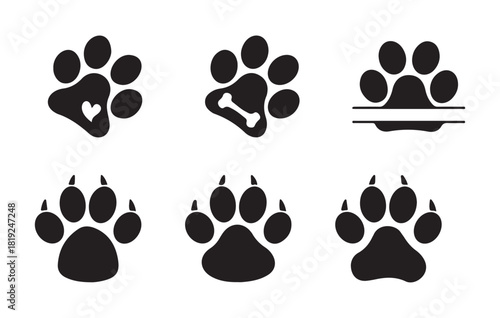 Paw print set dog or cat pet animal footprints vector icons with heart bone and banner