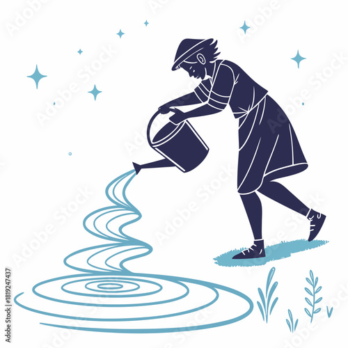 Silhouette of a person wearing a hat watering plants with a watering can creating ripples in water