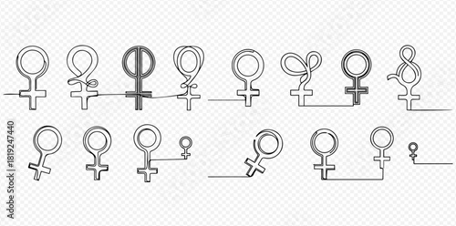Collection of female gender symbols in various styles, including continuous line art on a transparent background, representing womanhood and equality.