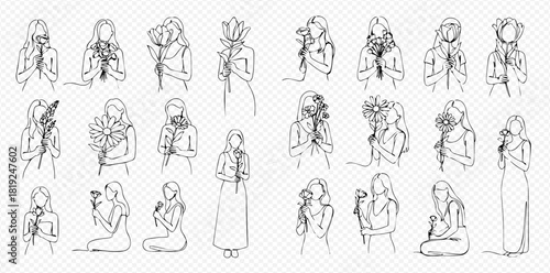 Minimalist line art collection of women holding various flowers in different poses.