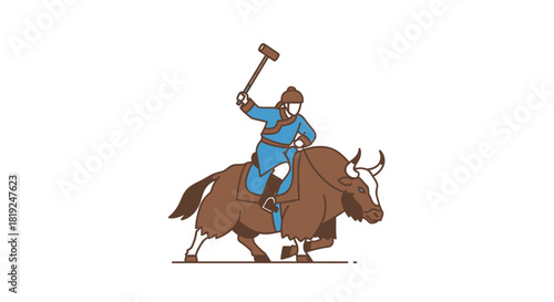 Mongolian warrior on yak wielding hammer ready for battle.