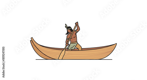 Native American paddling a canoe on the water with a paddle.