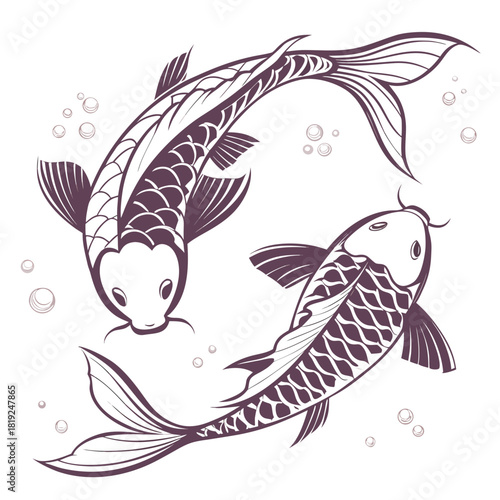 Two stylized koi fish swimming in a circular pattern with small bubbles on a white background