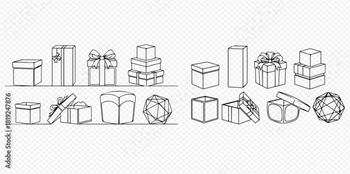 Line art illustration of various gift boxes and packaging designs, including open and closed boxes, stacked presents, and different shapes.