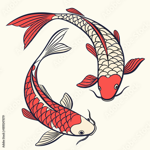 Two stylized koi fish swimming in a yin yang symbol shape against a cream background