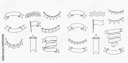 A collection of hand-drawn doodle style banners, ribbons, flags, and pennants for decoration and design elements.