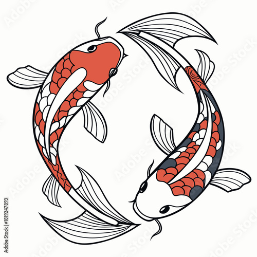 Two stylized koi fish in a circular yin yang formation with red and dark grey scales