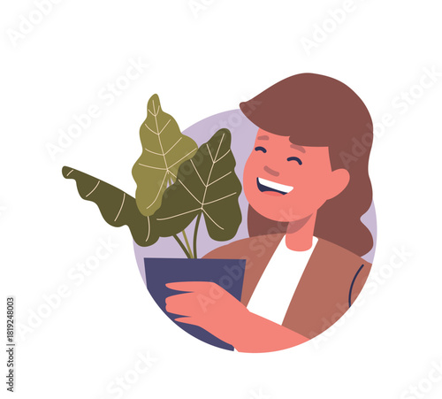 Joyful young girl with plant