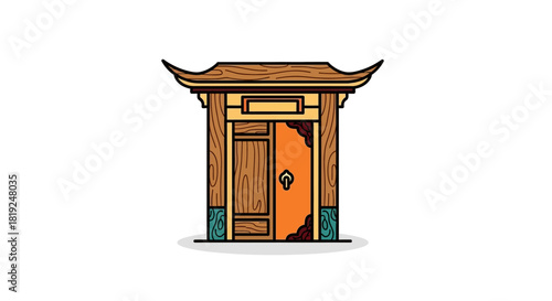 Ornate Wooden Gate with Traditional Asian Architectural Design.