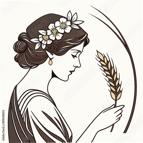 Elegant woman with flowers in her hair holding a wheat stalk in profile art nouveau style