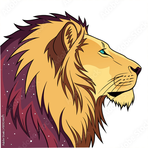 Majestic lion profile with a vibrant cosmic mane and piercing blue eyes on a white background