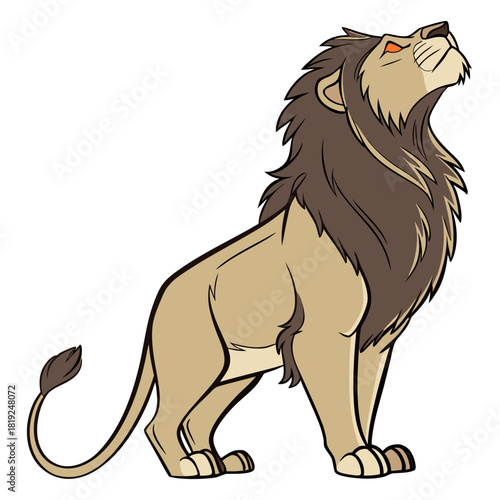 Majestic cartoon lion with a thick mane and glowing red eyes looking upwards with pride