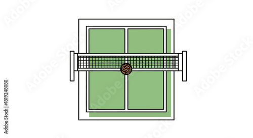 Overhead View of Table Tennis Setup with Ball and Net.